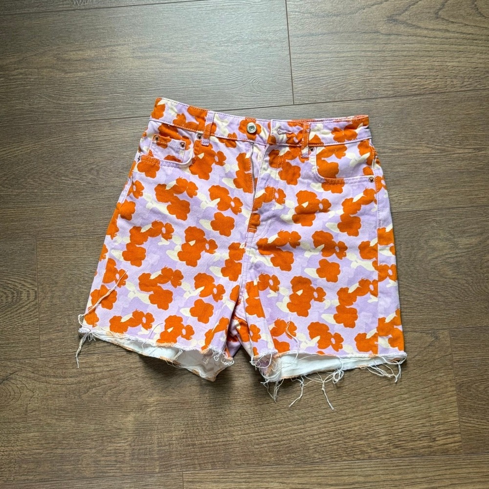 Zara The 90s Short Purple Orange Floral High Waisted Raw Hem Denim Shorts Size 2